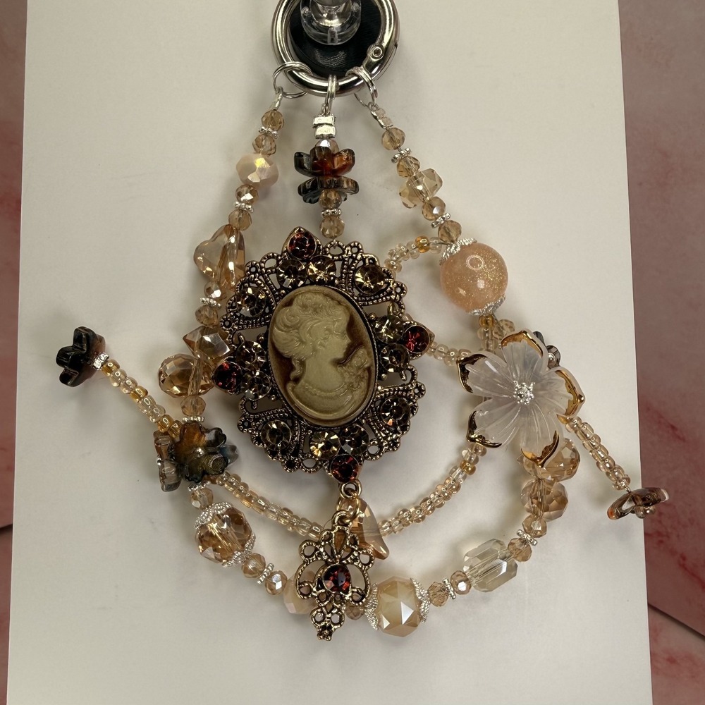 Cameo Champagne Crystal Beaded Victorian Phone Wristlet Charm Premium
